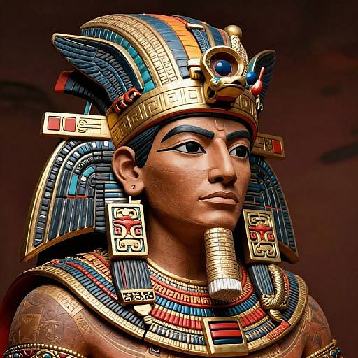 Photorealistic CGI of an ancient Egyptian pharaoh, wearing a colorful headdress with blue, gold, and red accents, and detailed jewelry.