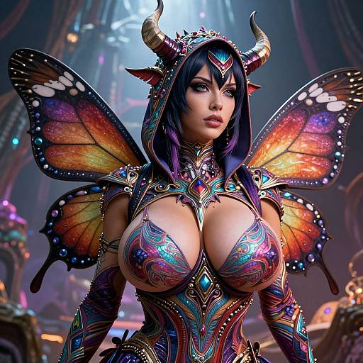 Digital fantasy artwork of a voluptuous demon queen with large breasts, purple hair, horns, colorful butterfly wings, and intricate armor, set in a mystical