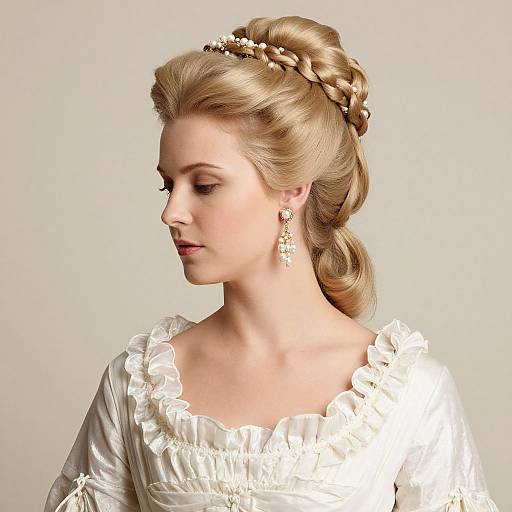 Photograph of a fair-skinned, blonde woman with intricate braided updo, wearing a white, ruffled, Victorian-style dress, and dangling