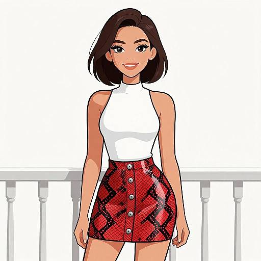 Smiling Woman in Snakeskin Mini Skirt