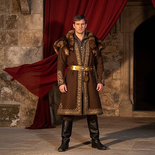Photograph of a serious man in medieval-style brown fur-lined coat with gold trim, black pants, and boots, standing in front of a stone wall