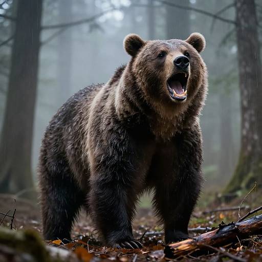 Photograph of a large, brown bear standing in a misty forest, mouth open in a roar, with dense trees and fallen leaves in the background