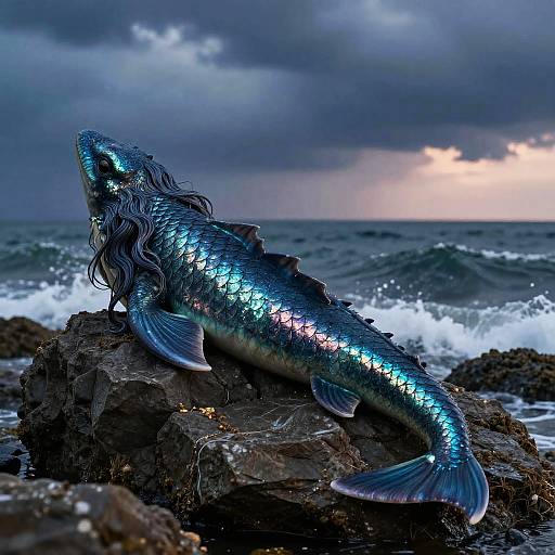 Photograph of a shimmering, iridescent mermaid with long, wavy black hair resting on a rocky shore, waves crashing in the background