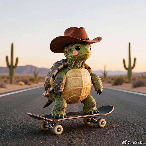 Cowboy Turtle Skateboarding at Sunset