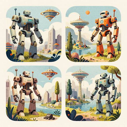 Colorful Retro Futuristic Robots in Sci-Fi Landscapes