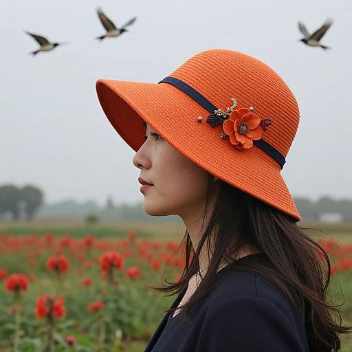 Photograph of a fair-skinned woman with long black hair, wearing an orange sunhat adorned with a flower and black band, against a field of