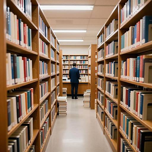 Photograph of a library aisle with wooden bookshelves on both sides, colorful books, and a person standing at the end, facing the wall.
