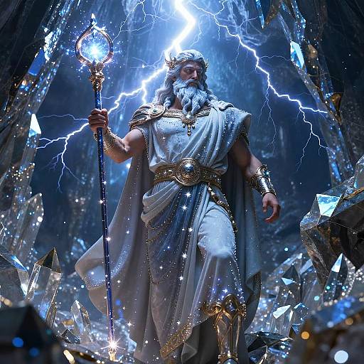 Photograph of Zeus-like figure with flowing white beard, golden crown, and white toga, holding a glowing staff amidst electric blue lightning, surrounded by