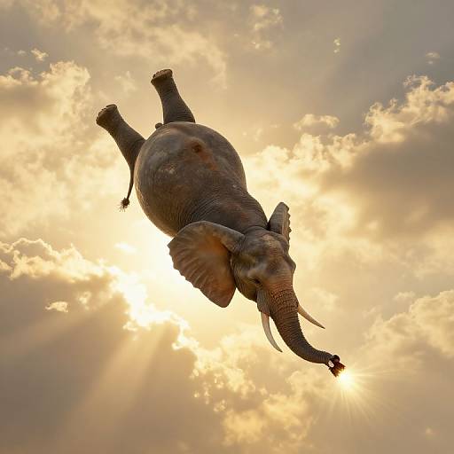 Photograph of a large elephant mid-air, sun rays shining through scattered clouds, creating a dramatic, golden halo effect around the elephant.