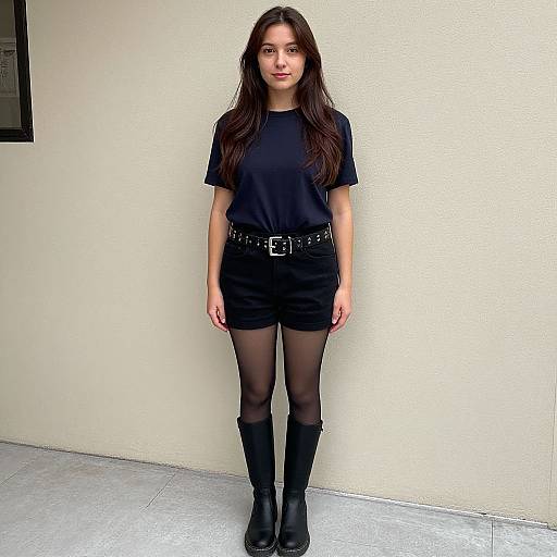 Photograph of an Asian woman with long dark hair, wearing a black t-shirt, black shorts, belt, black tights, and knee-high boots