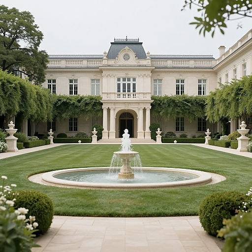 Photograph of a grand, cream-colored mansion with a central fountain in a manicured lawn, flanked by trees and ornate stone pillars.