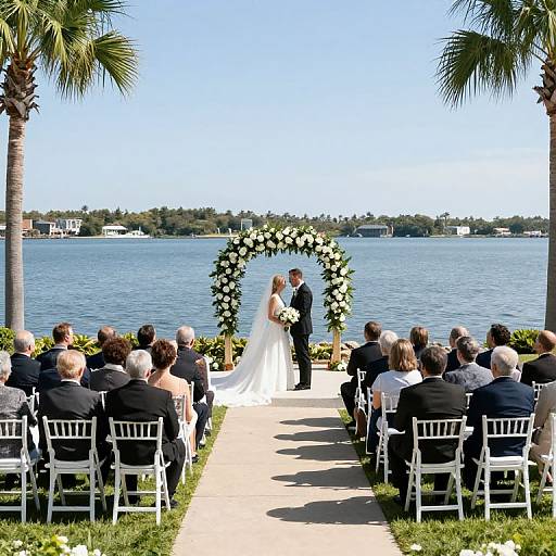 Photograph of a bride in white gown and groom in black suit, standing under floral arch by lake, facing guests seated on white chairs. Clear blue