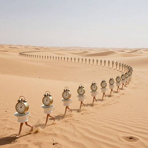 Photograph of an endless desert with a line of identical vintage alarm clocks on stands, stretching into the horizon under a bright sun.