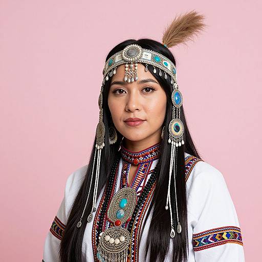 Photograph of a young Asian woman in traditional Native American-inspired attire, featuring intricate silver jewelry, turquoise and red embroidery, and a black headband with