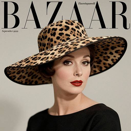 Bazaar magazine cover photograph: Pale-skinned woman with red lipstick, wearing a leopard-print wide-brim hat, black top, against a light gray
