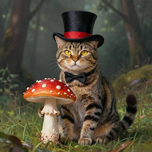 Surreal Cat in Top Hat with Mushroom