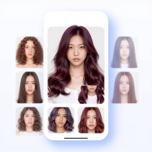 Photographic collage of seven young women with long, wavy, or curly dark brown hair, centered on a white background.