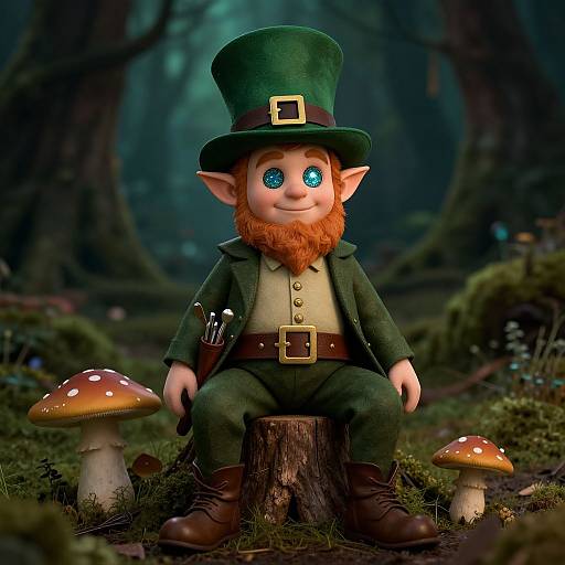 CGI image of a cute, chubby, red-bearded leprechaun with glowing blue eyes, sitting on a log in a mystical forest,