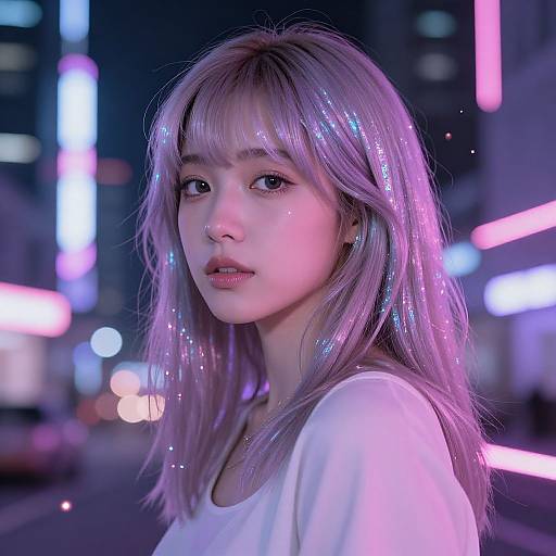 Digital photograph of a young Asian woman with glowing, purple-hued hair, wearing a white shirt, in a neon-lit urban night scene.