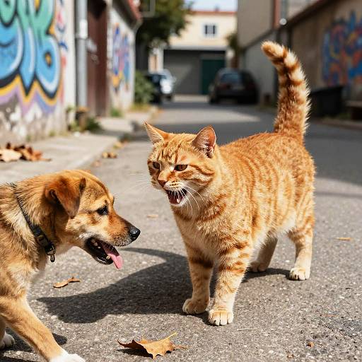 Fierce Orange Cat Confronting Stray Dog