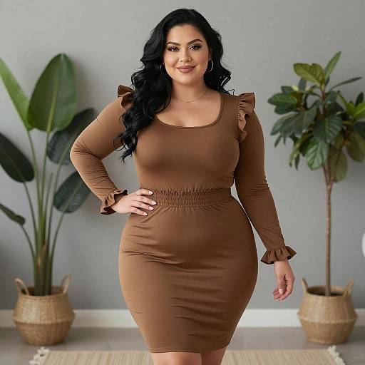 Confident Woman in Brown Ruffled Dress