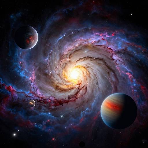 Vibrant Spiral Galaxy with Orbiting Planets