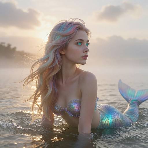 Photorealistic digital art of a beautiful, blue-eyed, blonde mermaid with iridescent scales, lying in the water at sunset, gazing