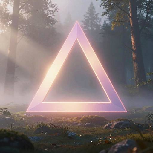 Photograph of a glowing pink neon triangle in a misty forest, sunlight piercing through tall trees, illuminating the mossy ground.