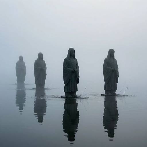 Photograph of four hooded figures standing in foggy, reflective water, silhouetted against a pale blue, misty background.