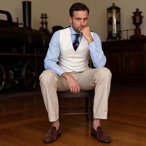 Photograph of a handsome man with short brown hair, light blue shirt, white vest, beige pants, brown loafers, sitting on a wooden chair
