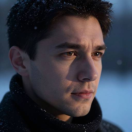 Close-up photograph of a young man with short, dark hair, fair skin, and brown eyes, gazing into the distance. Snowflakes gently