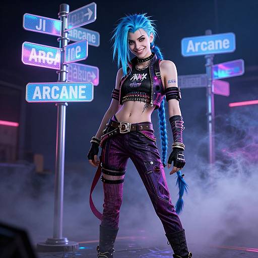 Digital art of a punk-style woman with blue hair, black crop top, and purple pants, standing in a neon-lit urban street with 