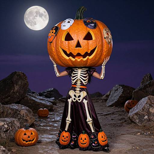 Photograph of a person in skeleton costume wearing a giant, carved pumpkin head, moonlit night, rocky path, and six small pumpkins.