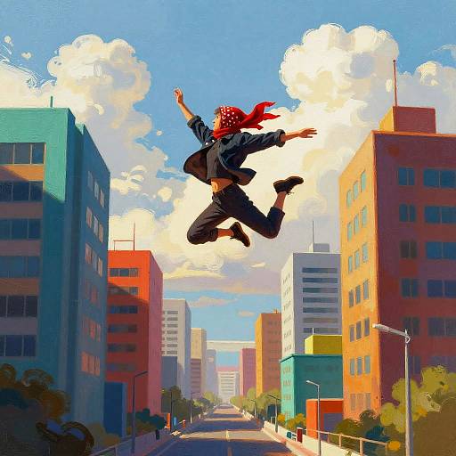 Surreal Leap Between Colorful Skyscrapers