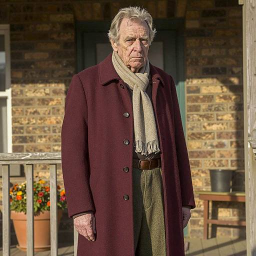 Elderly Man in Maroon Coat on Porch