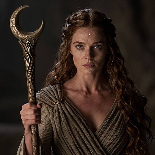 Photograph of a serious, blue-eyed, long-haired woman with braided hair, wearing a draped, brown, V-neck garment, holding a orn