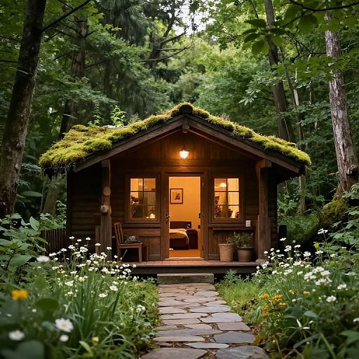 Photograph of a small, wooden, moss-roofed cabin with glowing interior, surrounded by lush green forest, white wildflowers, and a stone