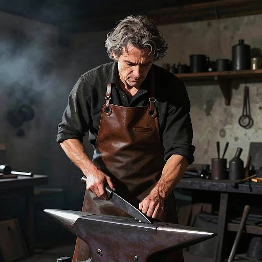 Blacksmith Sharpening Knife in Workshop
