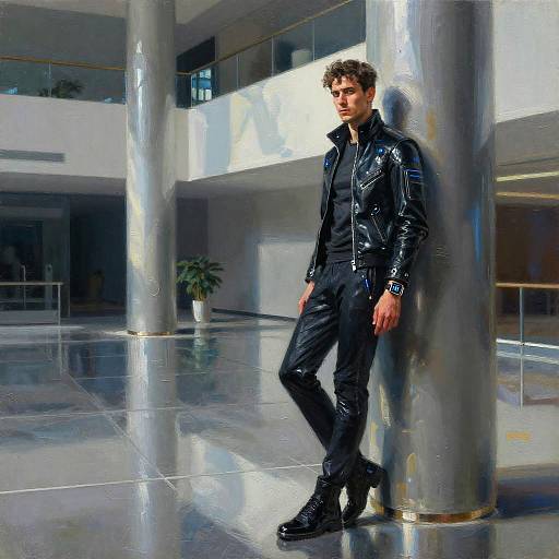 Photograph of a tall, slim, curly-haired man in a shiny black leather jacket and pants, leaning against a metallic pillar in a modern, reflective