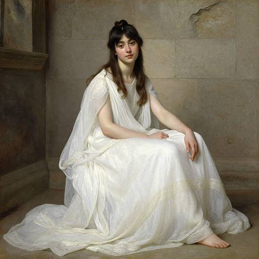 Digital painting of a young woman with pale skin and dark brown hair, wearing a flowing white Grecian-style dress, seated on a stone floor in