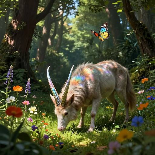 Fantastical forest scene: unicorn-like creature with blue and white horns grazes among vibrant flowers, illuminated by sunlight. A colorful butterfly hovers above