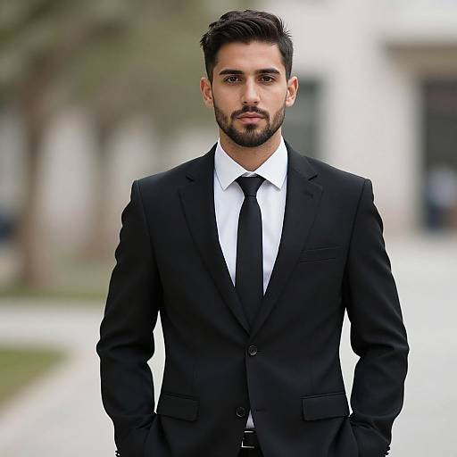 Photograph of a handsome, bearded man with dark hair in a black suit, white shirt, and black tie, standing outdoors.