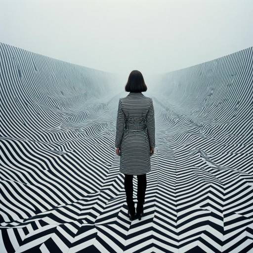 Woman in Striped Coat in Optical Art Landscape