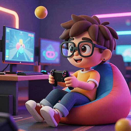 Cartoon Kid Gaming with Neon Lights