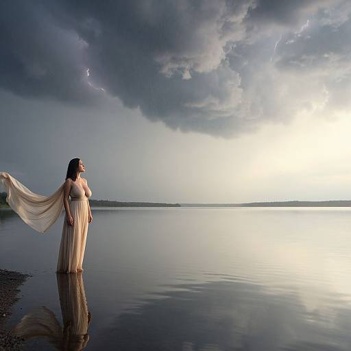 Photograph of a solitary woman in a flowing, sheer white dress standing in calm, reflective water under a dramatic, stormy sky.