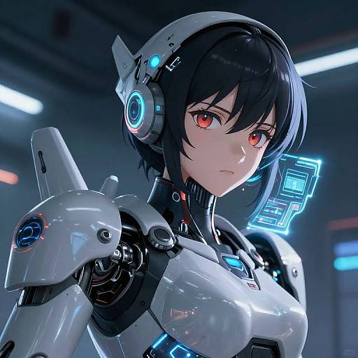Digital anime-style artwork of a black-haired, red-eyed female cyborg with glowing blue tech, white and black armor, in a futuristic, dark blue