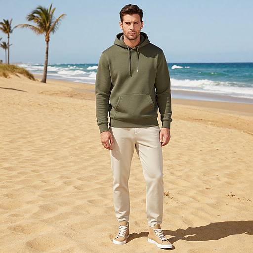 Photograph of a handsome man with short dark hair, beard, wearing a green hoodie, white pants, and white sneakers, standing on a sunny beach