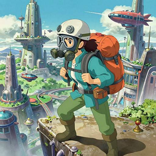 Anime-style digital drawing of a masked adventurer with a white helmet, gas mask, blue shirt, green pants, and red backpack, standing on a city
