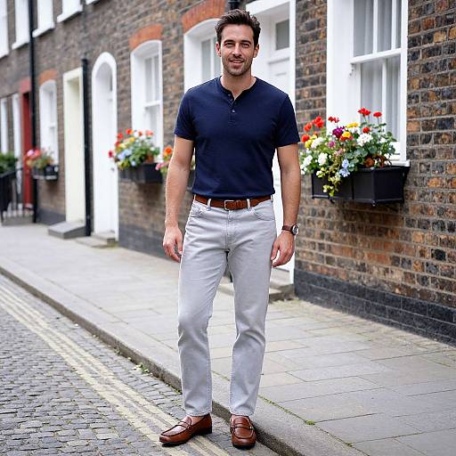 Photograph of a handsome man with short dark hair, black polo shirt, white pants, brown belt, and brown shoes, standing on a cobble