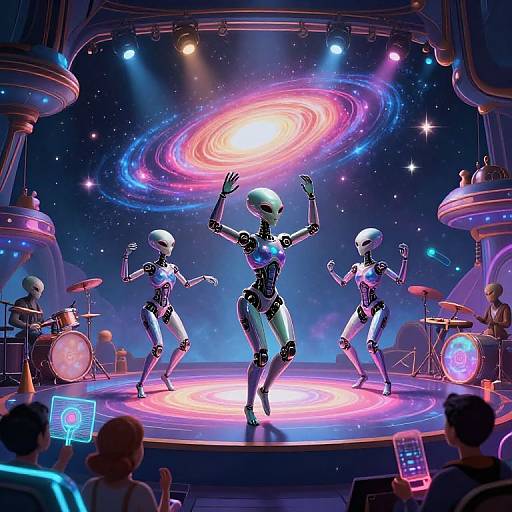 Digital artwork of four dancing humanoid robots on a futuristic stage with a galaxy background, neon lights, and a drum set. Audience holds glowing devices.